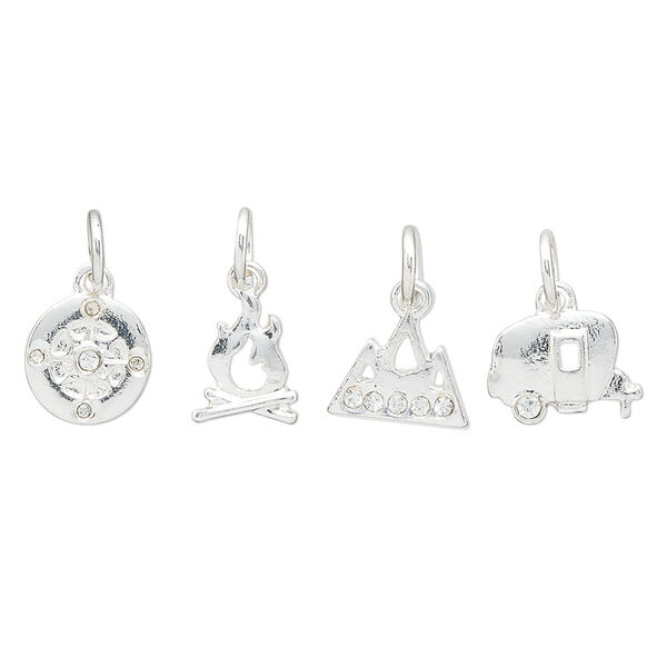 Charm assortment, silver-finished "pewter" (zinc-based alloy) and glass rhinestone, clear, 8-11x7mm multi-shape, outdoors theme. Sold per 4-piece set. image number 0
