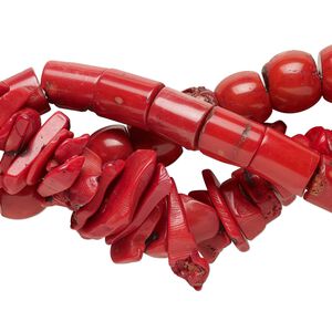 Bead mix, bamboo coral (dyed), red, 18x13mm-41x19mm mixed shapes, Mohs hardness 3-1/2 to 4. Sold per pkg of (3) 15-inch strands.