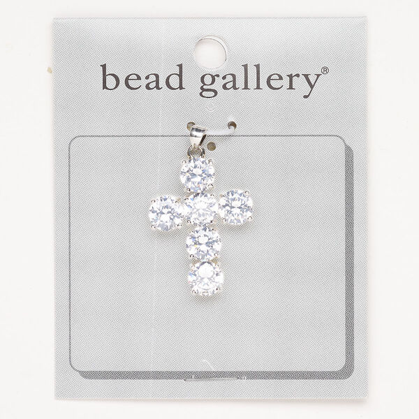Pendant brass cubic zirconia 1pk 32x24mm cross, silver finish clear image number 0