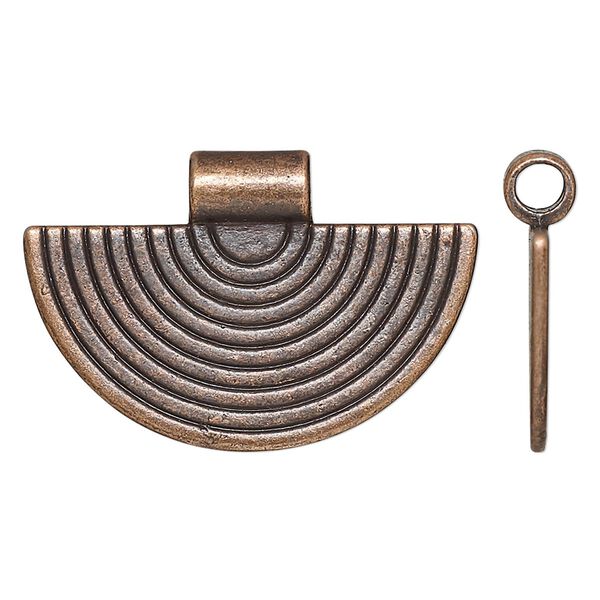 Pendant, slide, antique copper-finished "pewter", 34.5x23mm double-sided fan with line design, 3.5mm inside diameter. Sold per pkg of 4. image number 0