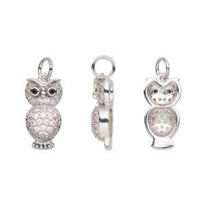 Charm, cubic zirconia and silver-plated brass, clear and black, 15.5x8mm single-sided owl. Sold individually.