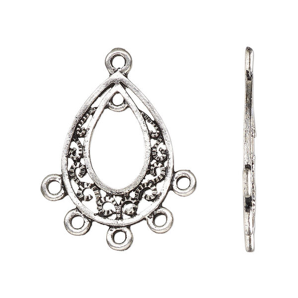 Drop, antique silver-finished "pewter" (zinc-based alloy), 23x17mm single-sided open teardrop go-go with textured design and 6 closed loops. Sold per pkg of 10. image number 0