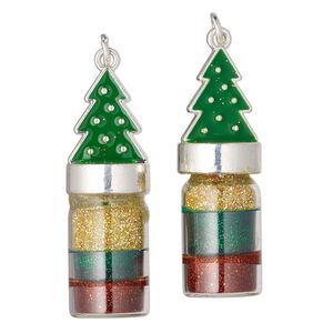 Focal, silver-finished zinc-based alloy, red / green / gold, 40.5 x 13.5mm bottle with tree. Sold per pkg of 2.