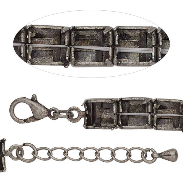 Bracelet component, antique silver-finished brass and steel, 8mm wide cupchain with (22) SS39 rivoli settings, 8 inches with 1-inch extender chain and lobster claw clasp. Sold individually. image number 0