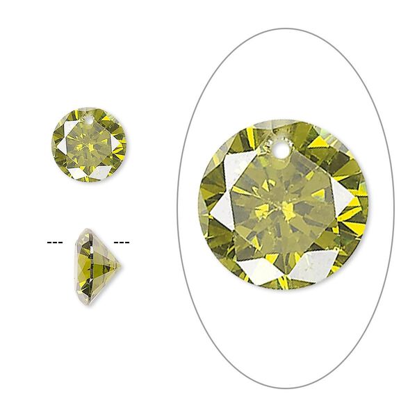 Drop, cubic zirconia, olive green, 8mm hand-faceted round, Mohs hardness 8-1/2. Sold per pkg of 8. image number 0
