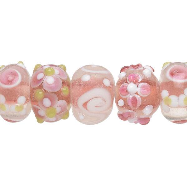 Bead, lampworked glass, multicolored, 14x8mm-15x10mm bumpy rondelle with assorted flower and swirl designs. Sold per pkg of 20. image number 0