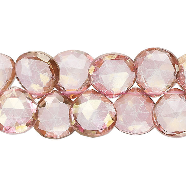 Bead, quartz crystal (coated), pink and peach, 9-13mm hand-cut top-drilled faceted puffed teardrop, B grade, Mohs hardness 7. Sold per 7-inch strand, approximately 40 beads. image number 0