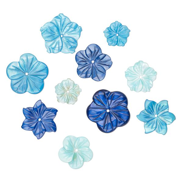 Focal and component mix, mother-of-pearl shell (dyed), multi-blue, 12-24mm hand-carved flower, Mohs hardness 3-1/2. Sold per pkg of 10. image number 0