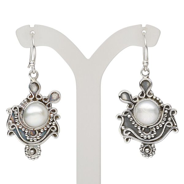 Earring, cultured freshwater pearl (bleached) and antiqued sterling silver, 41mm with fishhook ear wire, 21 gauge. Sold per pair. image number 0