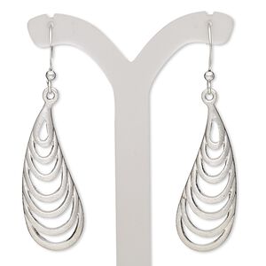 Earring, imitation rhodium-plated brass and "pewter" (zinc-based alloy), 2 inches with brushed curved teardrop and cutout design with fishhook ear wire. Sold per pair.