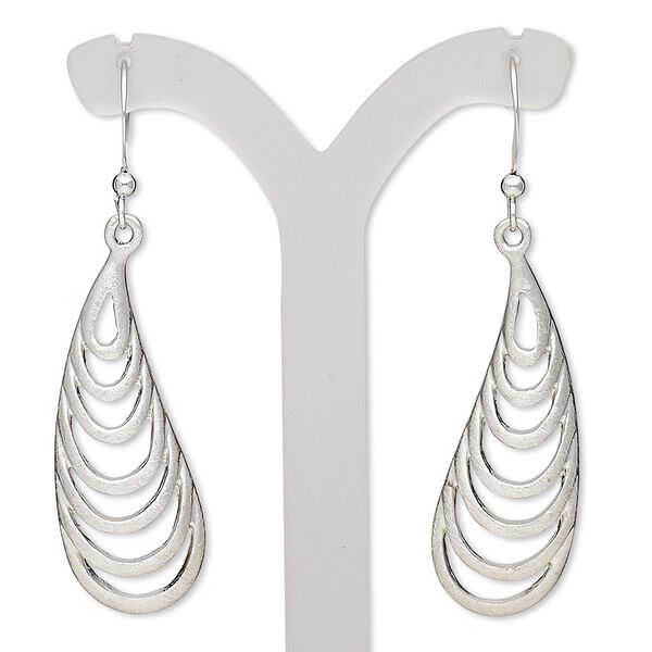 Earring, imitation rhodium-plated brass and "pewter" (zinc-based alloy), 2 inches with brushed curved teardrop and cutout design with fishhook ear wire. Sold per pair. image number 0