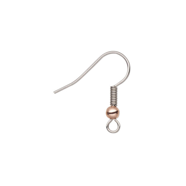 Ear wire, stainless steel and copper-plated brass, 20mm fishhook with 3mm ball and 4.5x2mm coil with open loop, 21 gauge. Sold per pkg of 10 pairs. image number 0