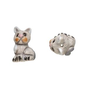 Bead, glazed ceramic, multicolored, 19x14mm hand-painted cat. Sold per pkg of 2.