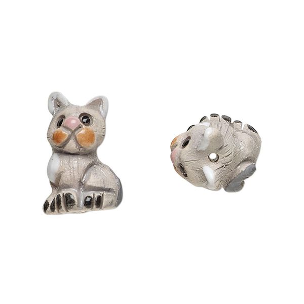 Bead, glazed ceramic, multicolored, 19x14mm hand-painted cat. Sold per pkg of 2. image number 0