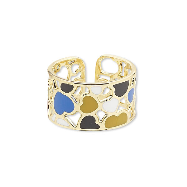 Ring, Avant-Garde Jewelry Collection, enamel and gold-plated brass, multicolored, 12mm wide with cutout and heart design, adjustable. Sold individually. image number 0