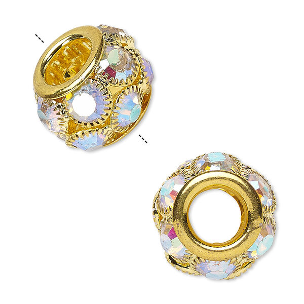 Bead, Egyptian glass rhinestone and gold-finished "pewter" (zinc-based alloy), clear AB, 18x12mm rondelle with 8mm hole. Sold individually. image number 0