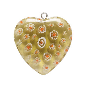 Focal, millefiori glass and silver-finished steel 1pkg1, translucent tan / red / white, 29-31mm puffed heart.