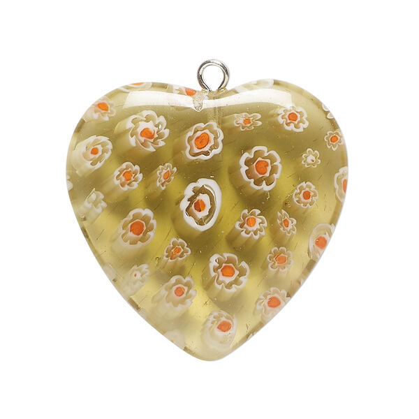 Focal, millefiori glass and silver-finished steel 1pkg1, translucent tan / red / white, 29-31mm puffed heart. image number 0