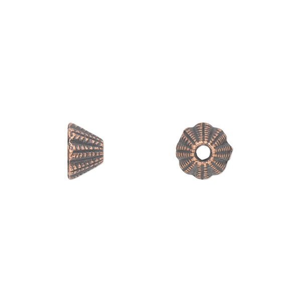 Cone, antique copper-plated "pewter" (zinc-based alloy), 8x5mm corrugated, 5mm inside diameter. Sold per pkg of 50. image number 0
