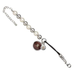 Bracelet, freshwater pearl shell (bleached) / leather (dyed) / enamel / glass rhinestone / silver-coated plastic / rhodium-finished steel / "pewter" (zinc-based alloy), multicolored, 10mm round and 21mm domed round, 6 inches with 2-1/2 inch extender chain and lobster claw clasp. Sold individually.