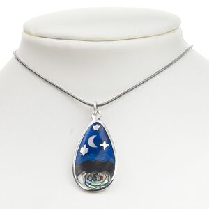 Focal, Pacific blue abalone shell (natural) / enamel / pewter (tin-based alloy), multicolored, 35x20mm teardrop with moon and stars. Sold individually.