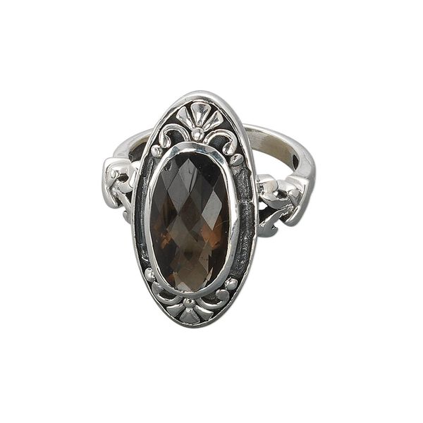 Ring, sterling silver and smoky quartz (heated / irradiated), 25x13mm marquise, 16x10mm faceted oval, size 7. Sold individually. image number 0