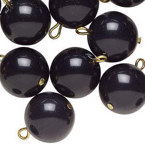 Drop, acrylic, black pearl, gold-finished brass, 16mm round. Sold per pkg of 100.