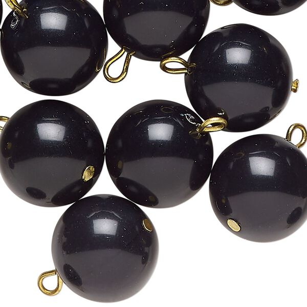 Drop, acrylic, black pearl, gold-finished brass, 16mm round. Sold per pkg of 100. image number 0