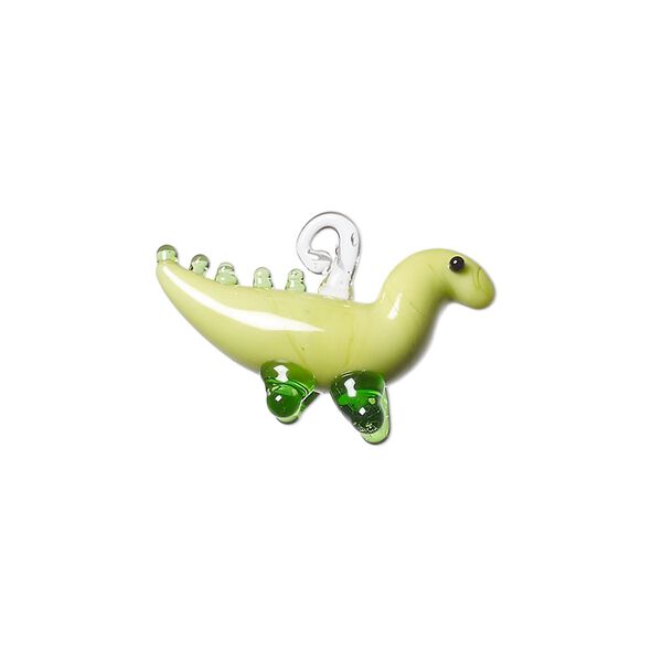 Drop, lampworked glass, light green / green / black, 22x13mm 3D dinosaur. Sold individually. image number 0