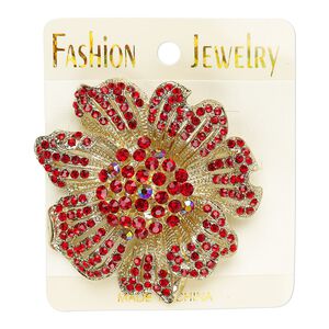 Brooch, glass rhinestone and gold-finished "pewter" (zinc-based alloy), red AB and red, 58x57mm flower. Sold individually.