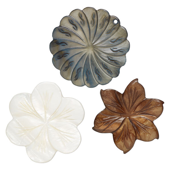 Bead / focal / component mix, mother-of-pearl shell (natural / bleached / dyed), mixed colors, 46x40mm-50x45mm top- / center- / undrilled carved flower, Mohs hardness 3-1/2. Sold per pkg of 3. image number 0