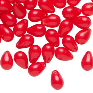 Bead, glass, translucent red, 10x6mm top-drilled teardrop. Sold per 1-ounce pkg, approximately 65 beads.