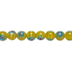 Bead, millefiori glass 1pkg1, translucent dark golden yellow / blue / multicolored, 6mm round, 15 inches.