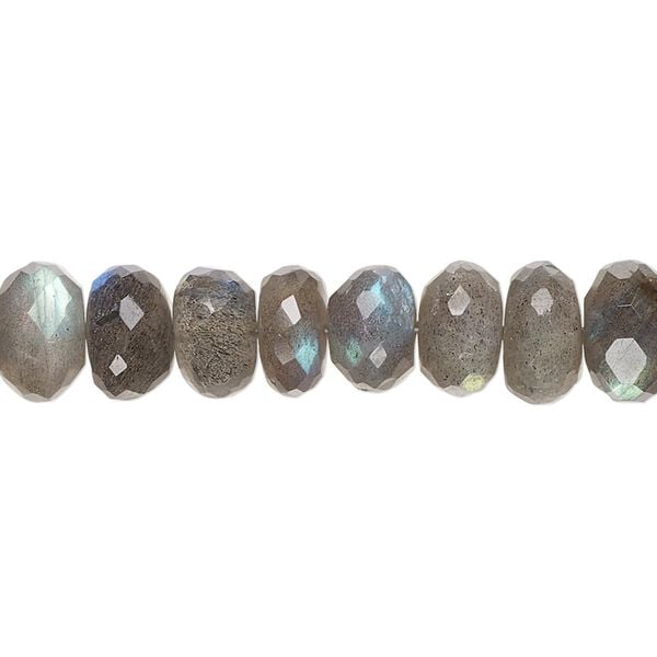 Bead, labradorite (natural), 8x5mm-10x7mm hand-cut faceted rondelle with 0.4-1.4mm hole, B+ grade, Mohs hardness 6 to 6-1/2. Sold per 8-inch strand, approximately 30 beads. image number 0