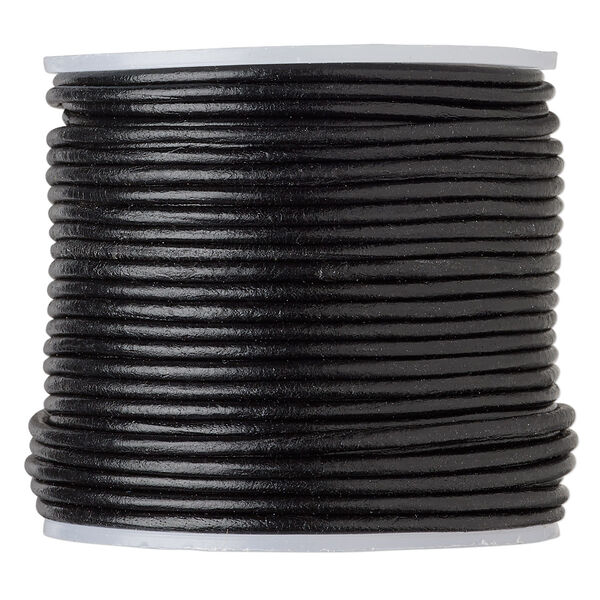 Cord, leather (dyed), black, 1.4-1.6mm round. Sold per 25-yard spool. image number 0