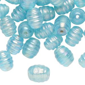 Bead, iridescent glass, translucent light aqua blue, 11x9mm ribbed oval. Sold per pkg of 50 beads.