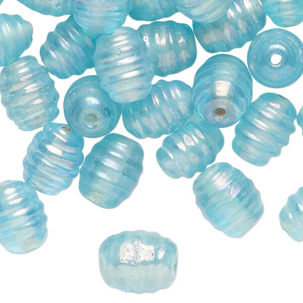 Bead, iridescent glass, translucent light aqua blue, 11x9mm ribbed oval. Sold per pkg of 50 beads. image number 0