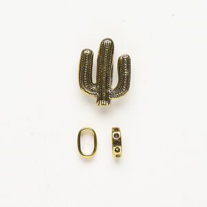 Slider bead 1pkg3, antique gold-finished brass and stainless steel, 28x21mm cactus and 12.5x3.5mm rondelle.