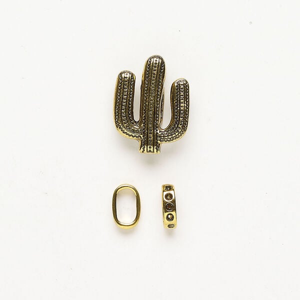 Slider bead 1pkg3, antique gold-finished brass and stainless steel, 28x21mm cactus and 12.5x3.5mm rondelle. image number 0