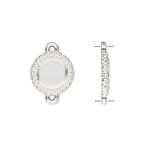 Link, silver-finished brass, 13mm single-sided beaded round with 8mm round setting. Sold per pkg of 10.