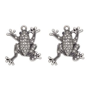 Charm, antique silver-finished "pewter" (zinc-based alloy) and glass, clear, 24x23mm single-sided frog. Sold per pkg of 2.