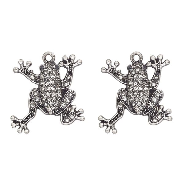 Charm, antique silver-finished "pewter" (zinc-based alloy) and glass, clear, 24x23mm single-sided frog. Sold per pkg of 2. image number 0