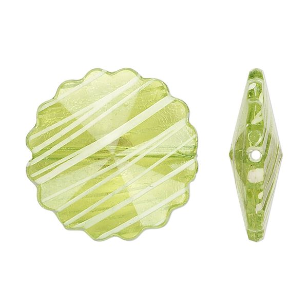 Bead, acrylic, semitransparent green and white, 25mm faceted round flower with painted line design. Sold per pkg of 48. image number 0