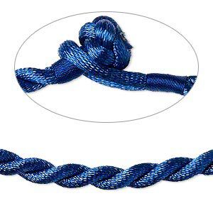 Necklace cord, satin-finished nylon, blue, 5mm twisted round, 16 inches with knot closure. Sold per pkg of 2.