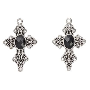 Focal, antique silver-finished "pewter" (zinc-based alloy) and glass, clear and black, 30x26mm fancy cross. Sold per pkg of 2.