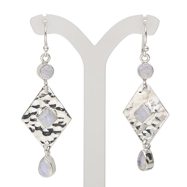 Earring, rainbow moonstone (natural) and sterling silver, 2-1/4 inches with hammered diamond and fishhook ear wire, 21 gauge. Sold per pair. image number 0