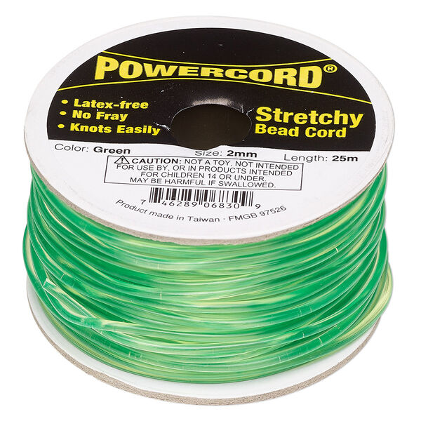 Cord, Powercord®, elastic, green, 2mm, 21.5-pound test. Sold per 25-meter spool. image number 0