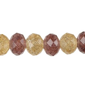 Bead, crackle glass, translucent brown and yellow, 12x9mm faceted rondelle. Sold per pkg of 20.