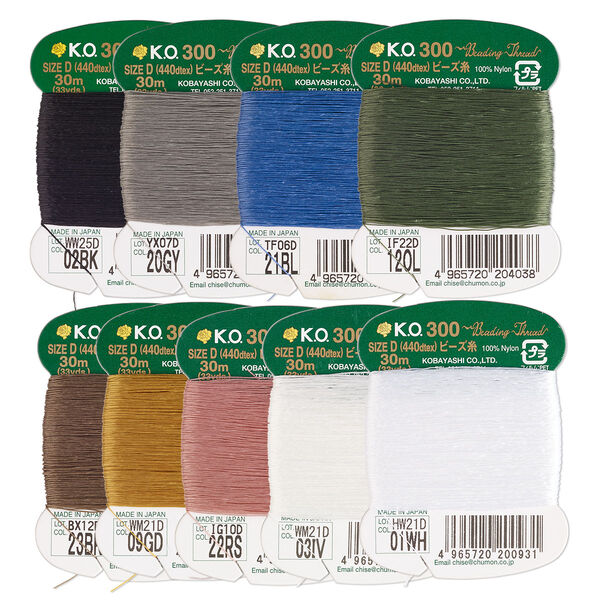 Thread, K.O., nylon, pkg/(10) 30-meter set, mixed colors, size 0.15, 4-pound test. image number 0