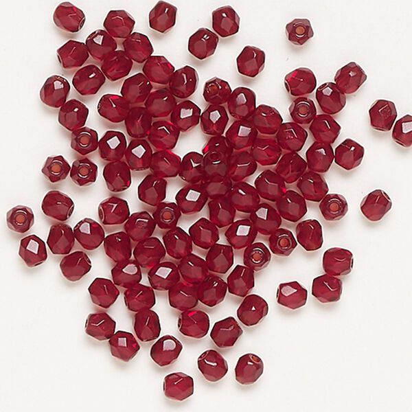 Bead, fire-polished, glass, pkg/100, translucent dark red, 3mm faceted round. image number 0